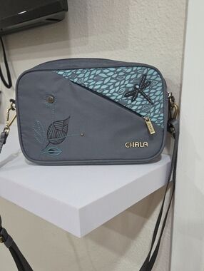 Chala Venture Gray & Teal Leaf Accent Crossbody Bag With Dragonfly